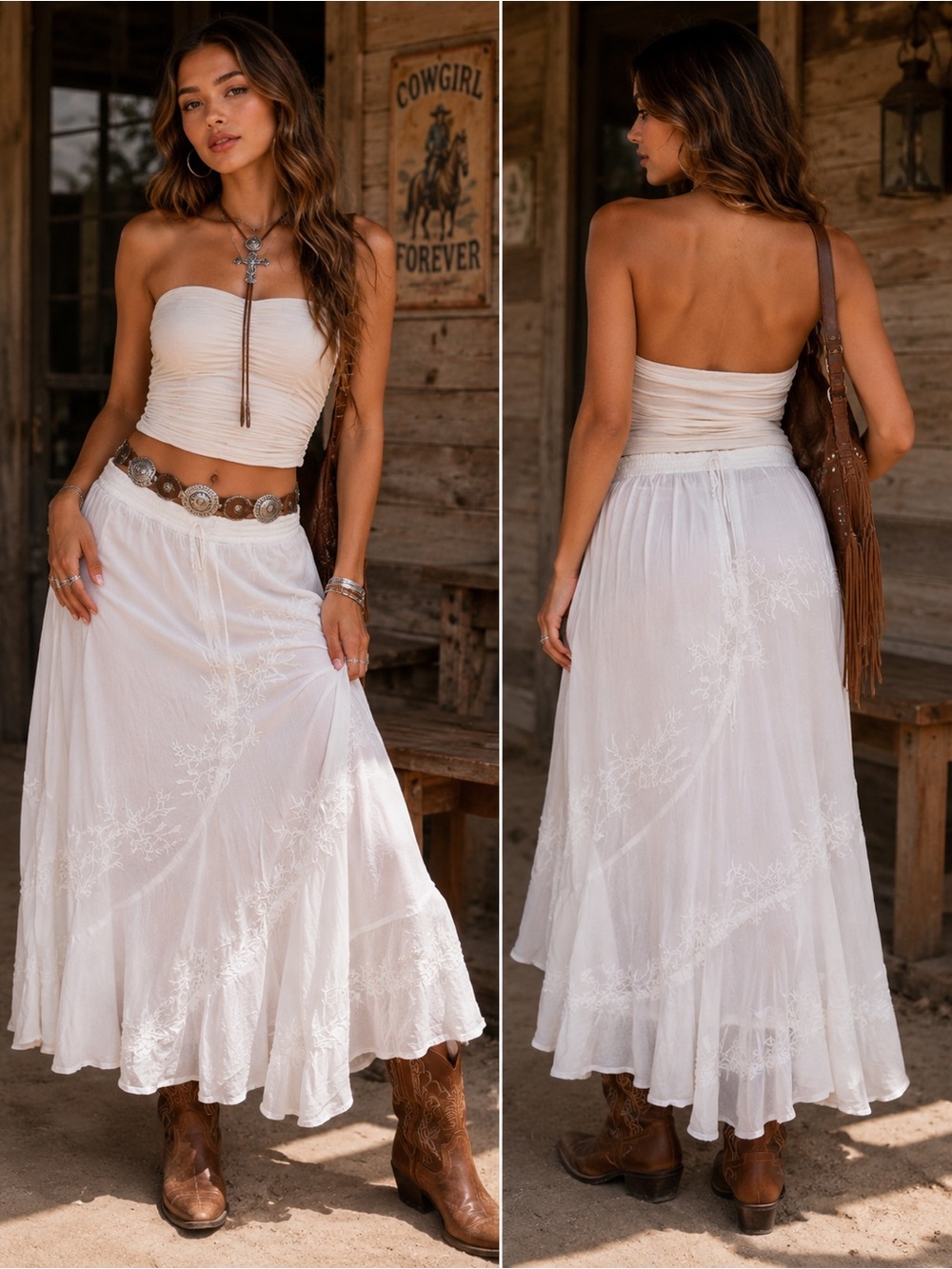 Metro Wear White Boho Tiered Maxi Skirt